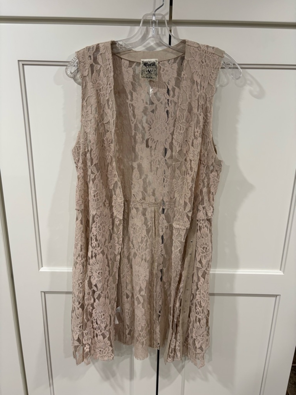Voice of California AKA VocalBeige Lace Open Front Duster with Faux Suede Trim.